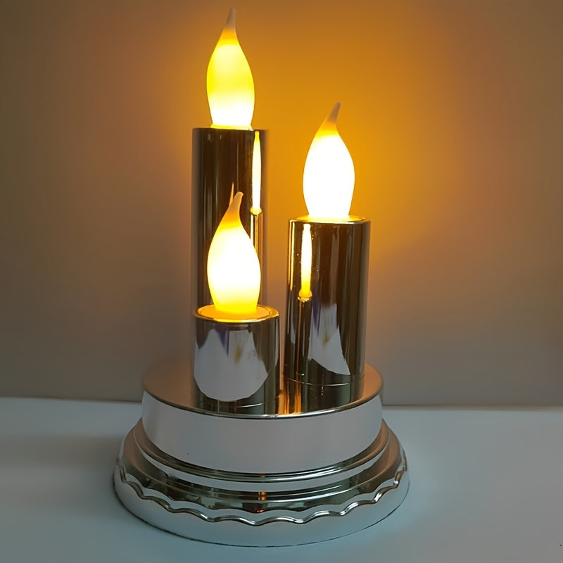 3 flameless gold electronic candles for Halloween, Christmas, parties, camping, weddings, and home decor.