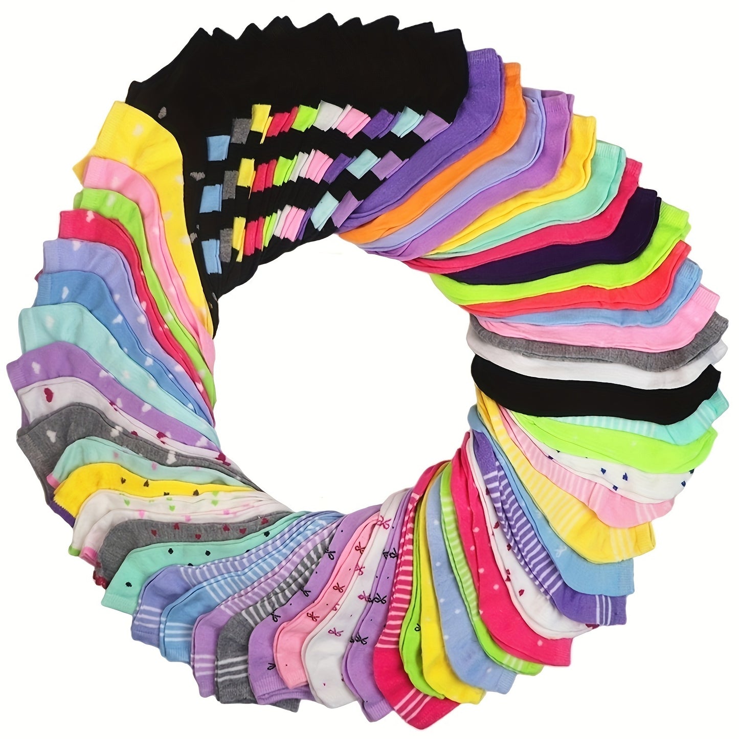 20 women's ankle socks in candy-colored heart and stripe patterns made of breathable polyester blend with ribbed detail, suitable for everyday casual wear.