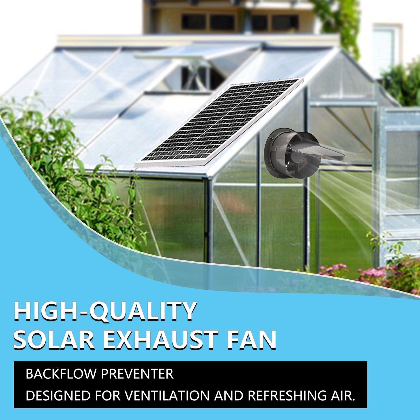 Solar-powered 10.16cm fan with weatherproof design and durable aluminum housing. Perfect for chicken coops, sheds, and greenhouses. Includes 5m cable.