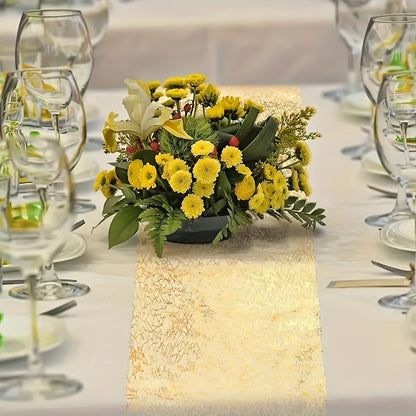 Luxurious golden sequin table runner perfect for elegant celebrations and parties with a glamorous vibe.