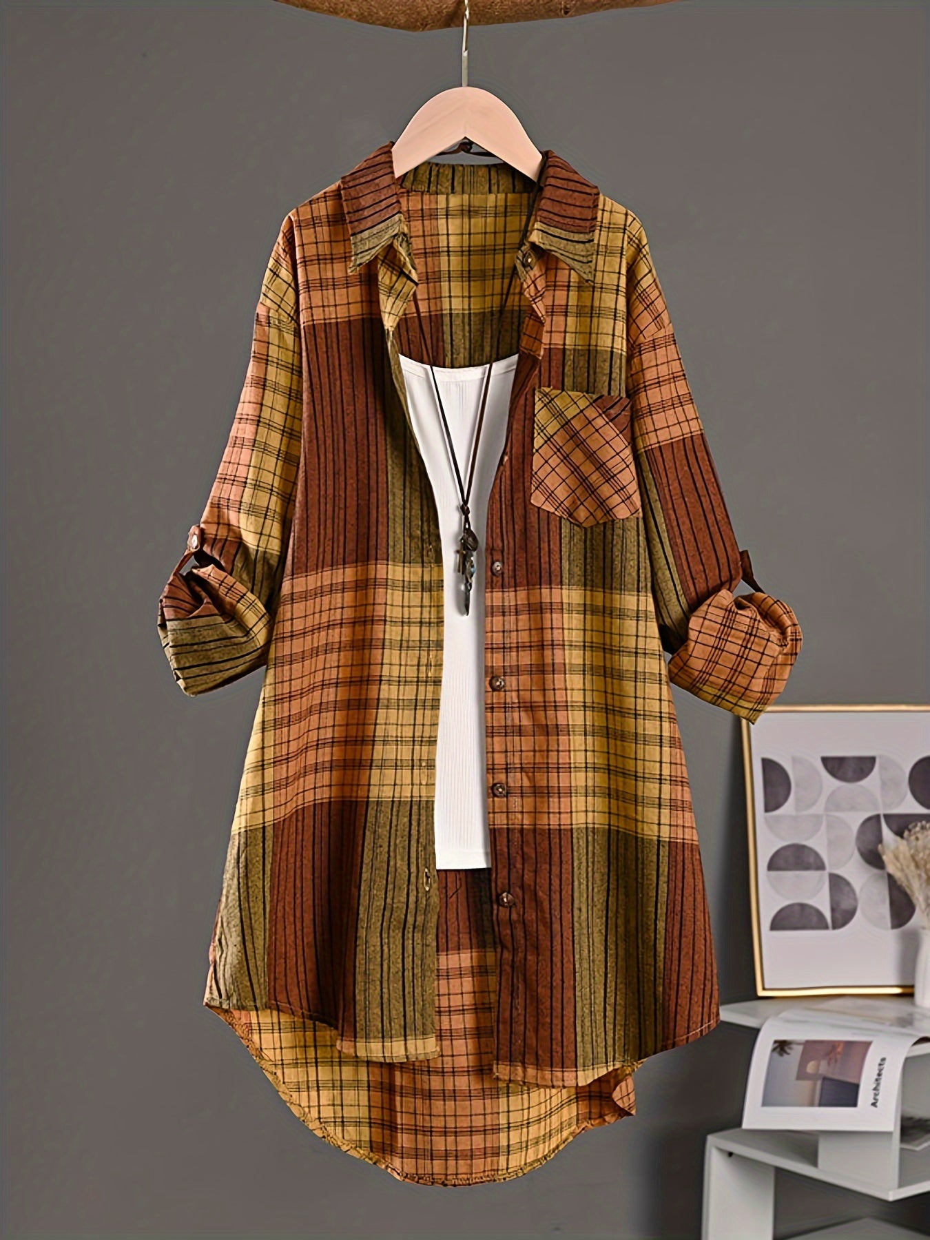 Women's new striped plaid long shirt in casual retro style, offering sun protection in a loose fit.