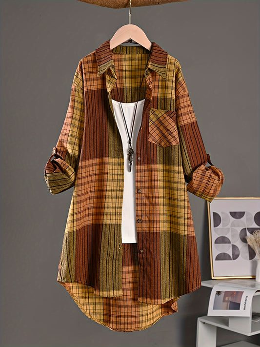 Women's new striped plaid long shirt in casual retro style, offering sun protection in a loose fit.