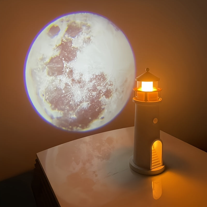 Lighthouse night light with moon projection, body sensing switch, long-brightness function, versatile for various settings, and comes in sealed packaging for a more elegant presentation.