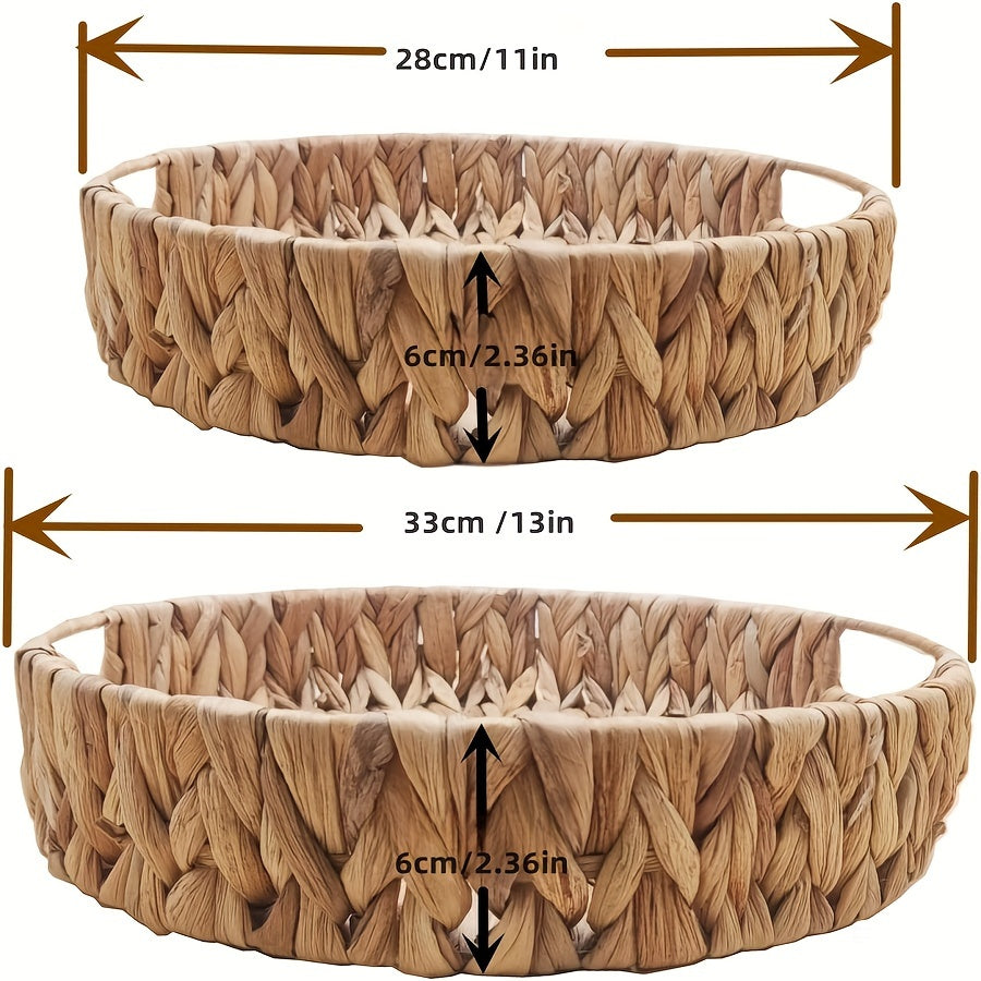 Round water hyacinth wicker tray for organizing snacks, toys, and more. Non-waterproof storage solution.