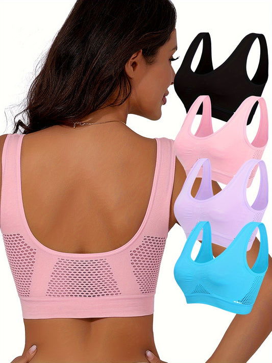 4 high-support sports bras for women, perfect for running and yoga, with breathable no-wire design and hollow-out detail.