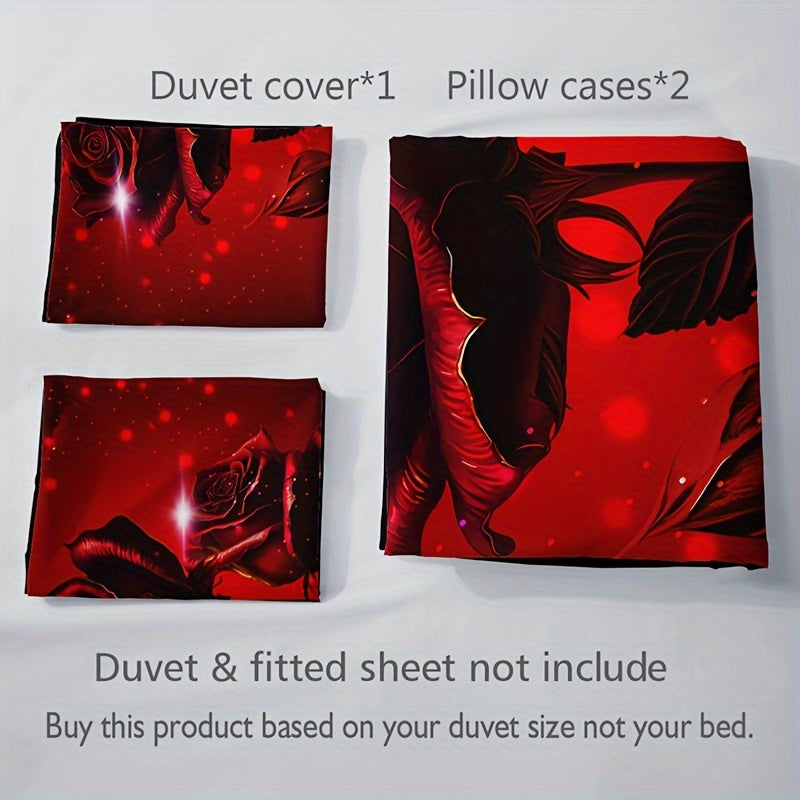 Red Rose Print Duvet Cover Set - Includes 1 Duvet Cover & 2 Pillowcases, Made from Breathable Polyester, Easy to Clean in the Washing Machine - Ideal for Use All Year Round