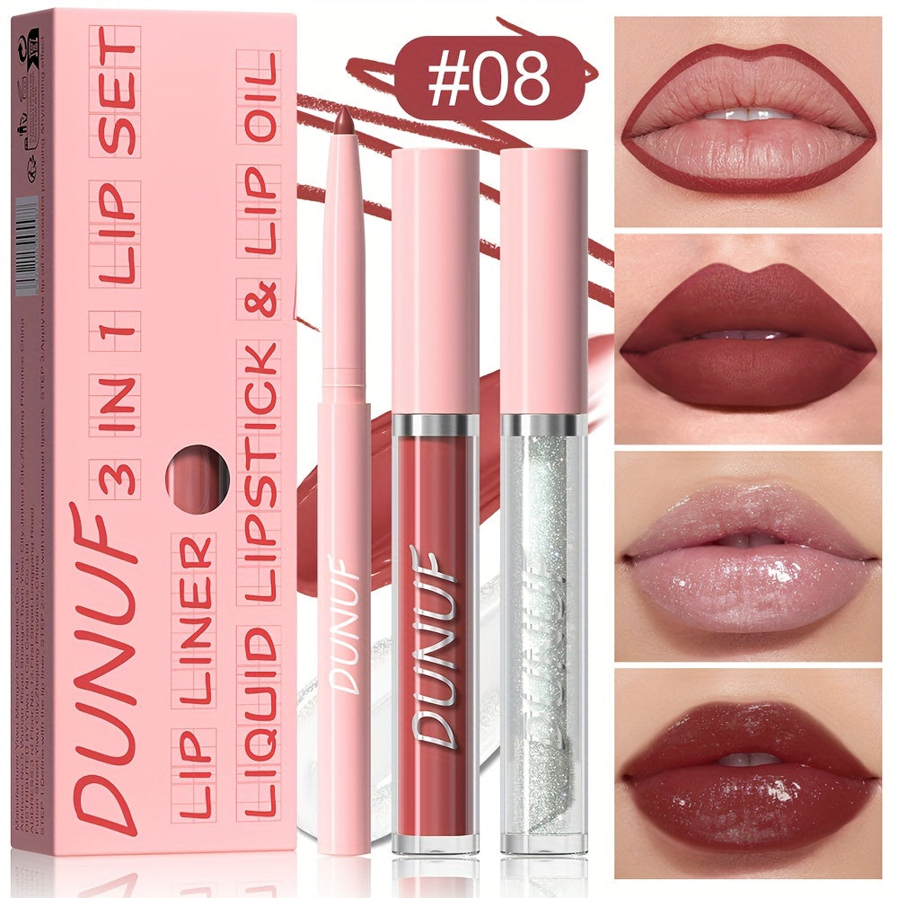 DUNUF 3-in-1 Lip Set includes velvet matte lip gloss, lip liner pencil, and lip oil, suitable for all skin types and waterproof.