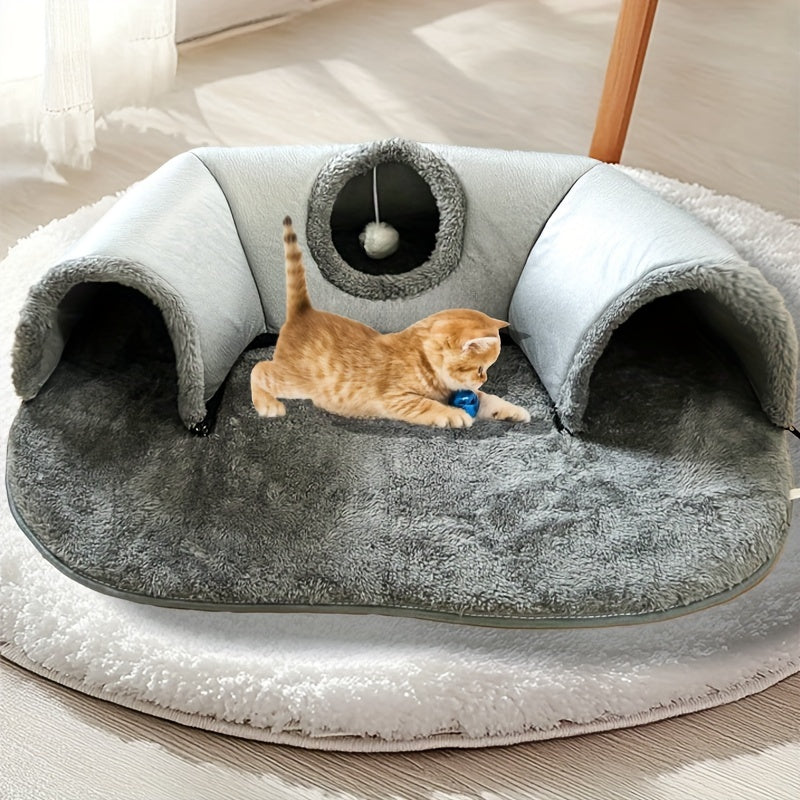 Cozy cat tunnel bed with play mat and warm nest for small to medium pets.