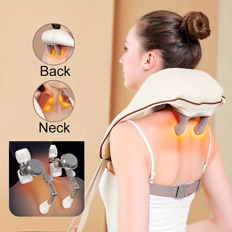 Cordless neck and shoulder massager provides deep muscle relaxation with human hand-like massage, heating and kneading functions.