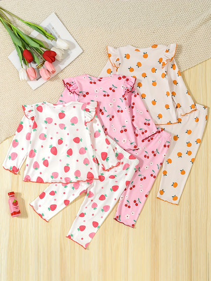 6-piece baby girl set featuring fruit print skirt, contrast casual pants, knitted fabric with cartoon pattern. Regular fit for newborn infants, made of polyester and spandex blend suitable