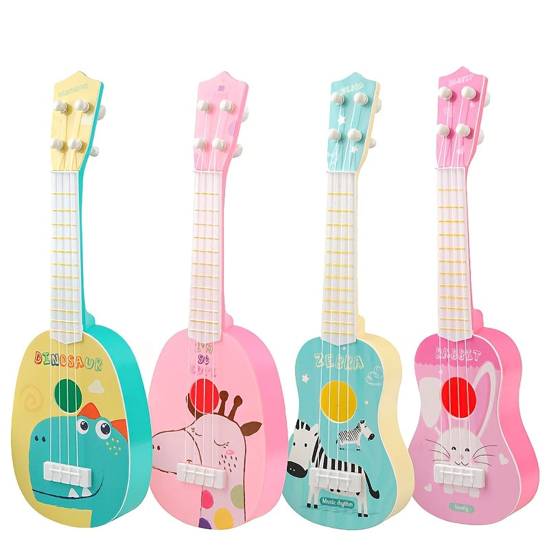 Children's Ukulele Toy, Educational Musical Instrument, durable plastic in yellow and green.