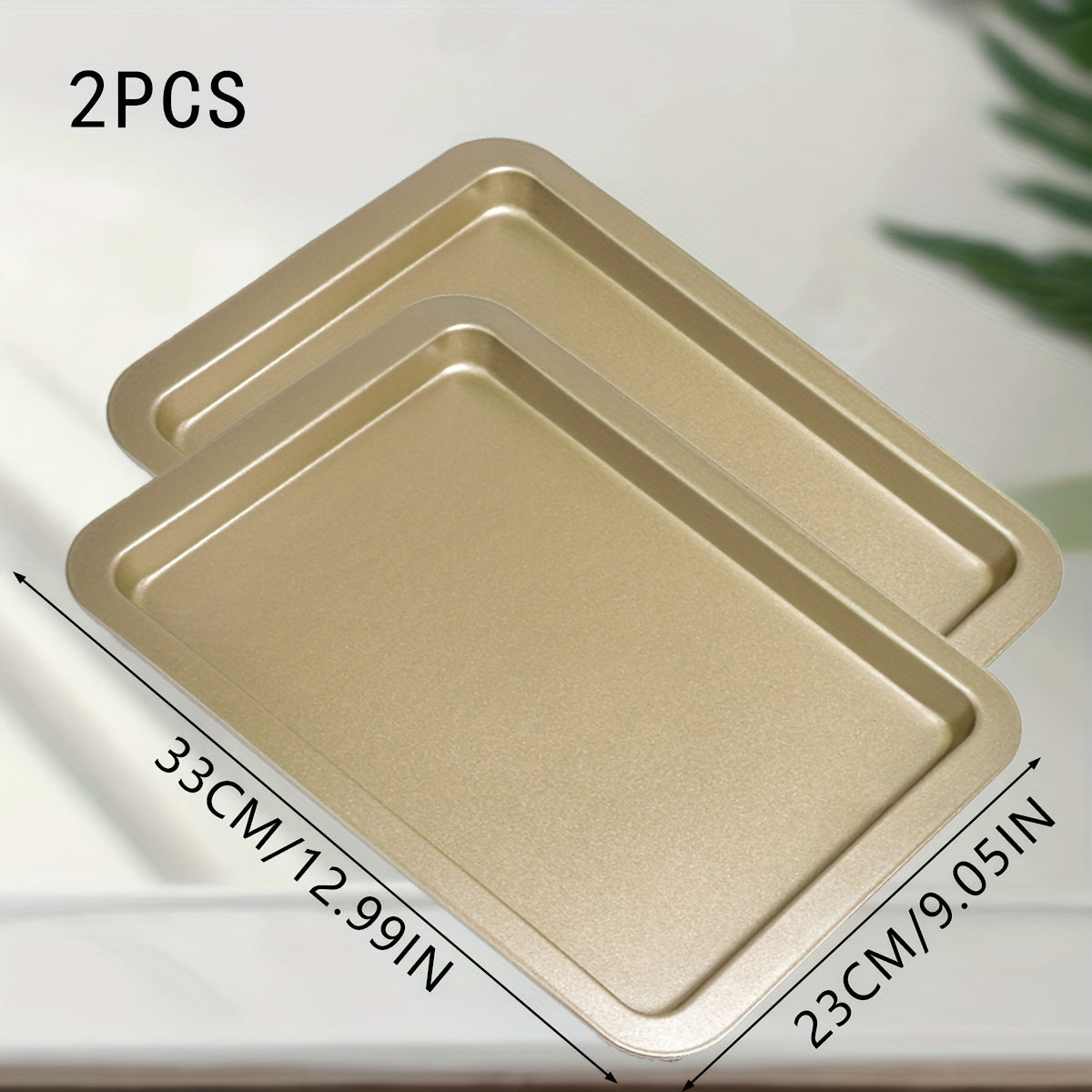 Golden rectangular non-stick baking pans, set of 1 or 2, for bread, cake, pizza, cookies, eclair, toast, and more. Made of food-grade materials.