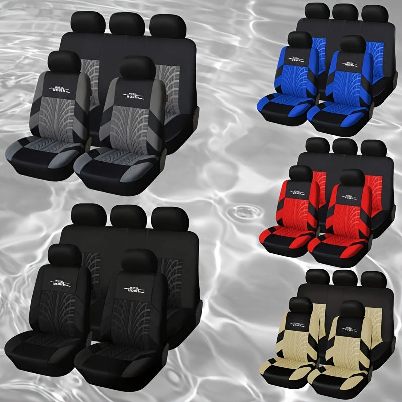 Universal nine-piece car seat cover set with soft, sponge filling and stylish tire trace design. Suitable for all seasons and most car models. Acts as a car seat protector.