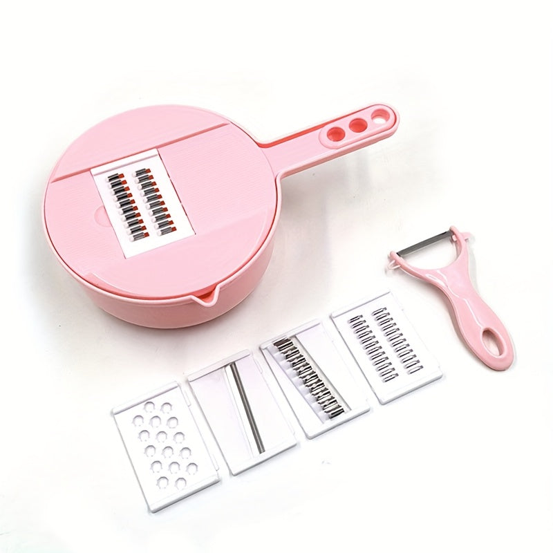 Handheld multifunctional vegetable slicer with safety julienne peeler, potato skinner, and mandoline. Made from ABS material for versatile chopping in the home kitchen.