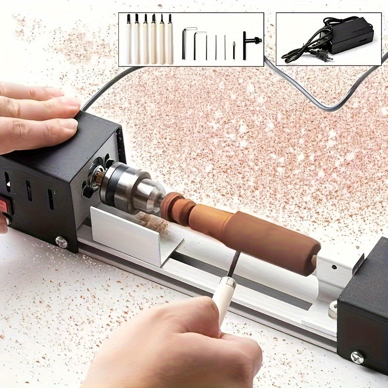 Compact DIY mini lathe set for grinding, polishing, and cutting wood. Plug-in with 110-240V compatibility.