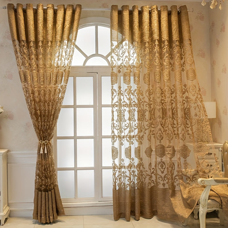 Set of 2 European-inspired Golden Jacquard Curtains with Grommet Top, perfect for adding a touch of elegance to your Living Room, Bedroom, Study, Dining Room, Balcony, Office, and other areas of your home.