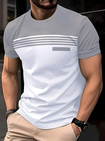 Men's fashion short sleeve t-shirt with striped geometric pattern, crew neck, regular fit, made of 100% polyester knit fabric with slight stretch.