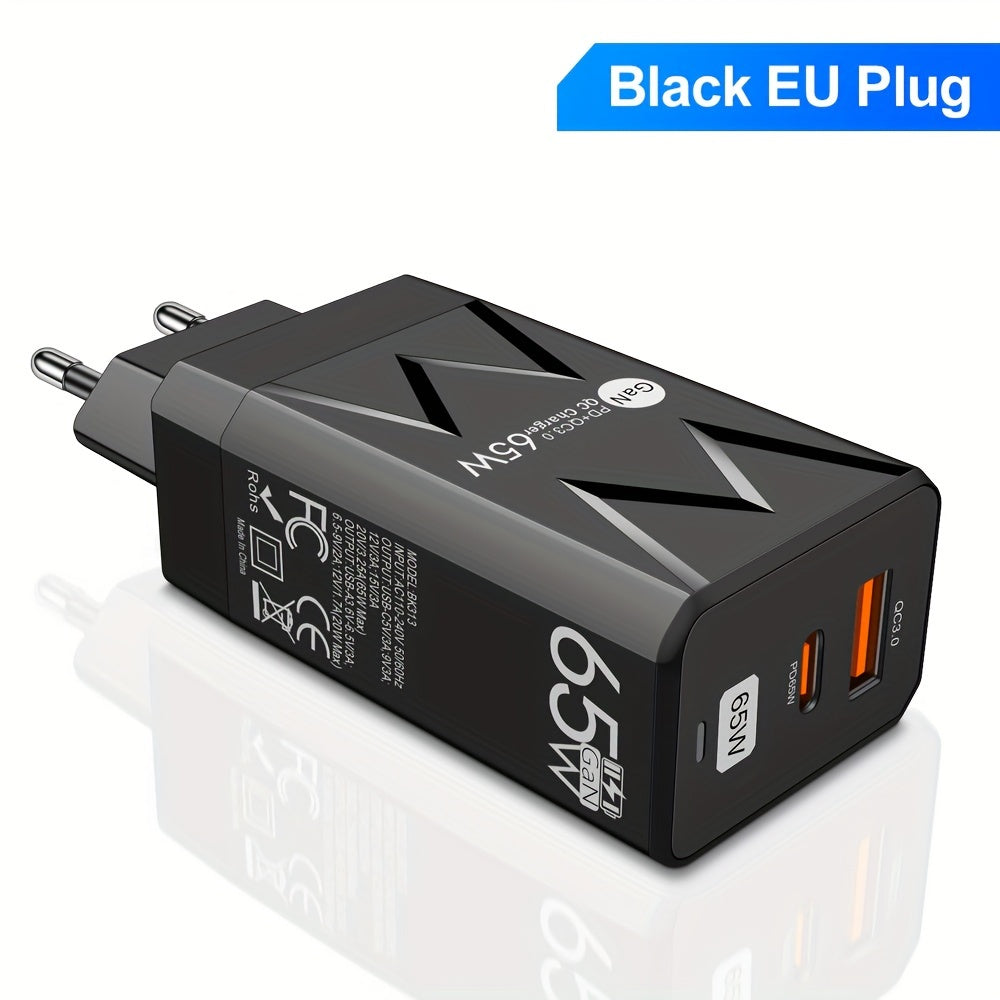 65W PD + 20W USB GaN Двойное Портовое Зарядное Устройство с EU Вилкой для Быстрой Зарядки Мобильных Телефонов, Портативное для Путешествий.