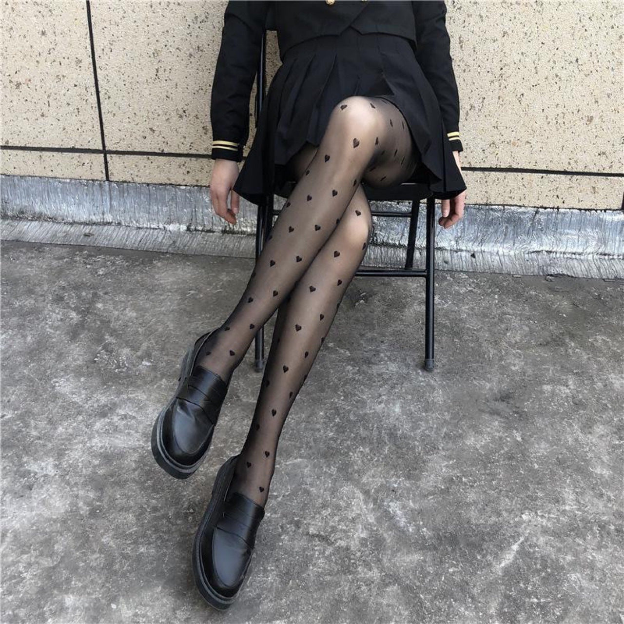 1pc Women's Heart Polka Dot Black Sheer Tights, Polyamide/Polyester Knit Fabric, Machine Washable Fake Transparent Leggings