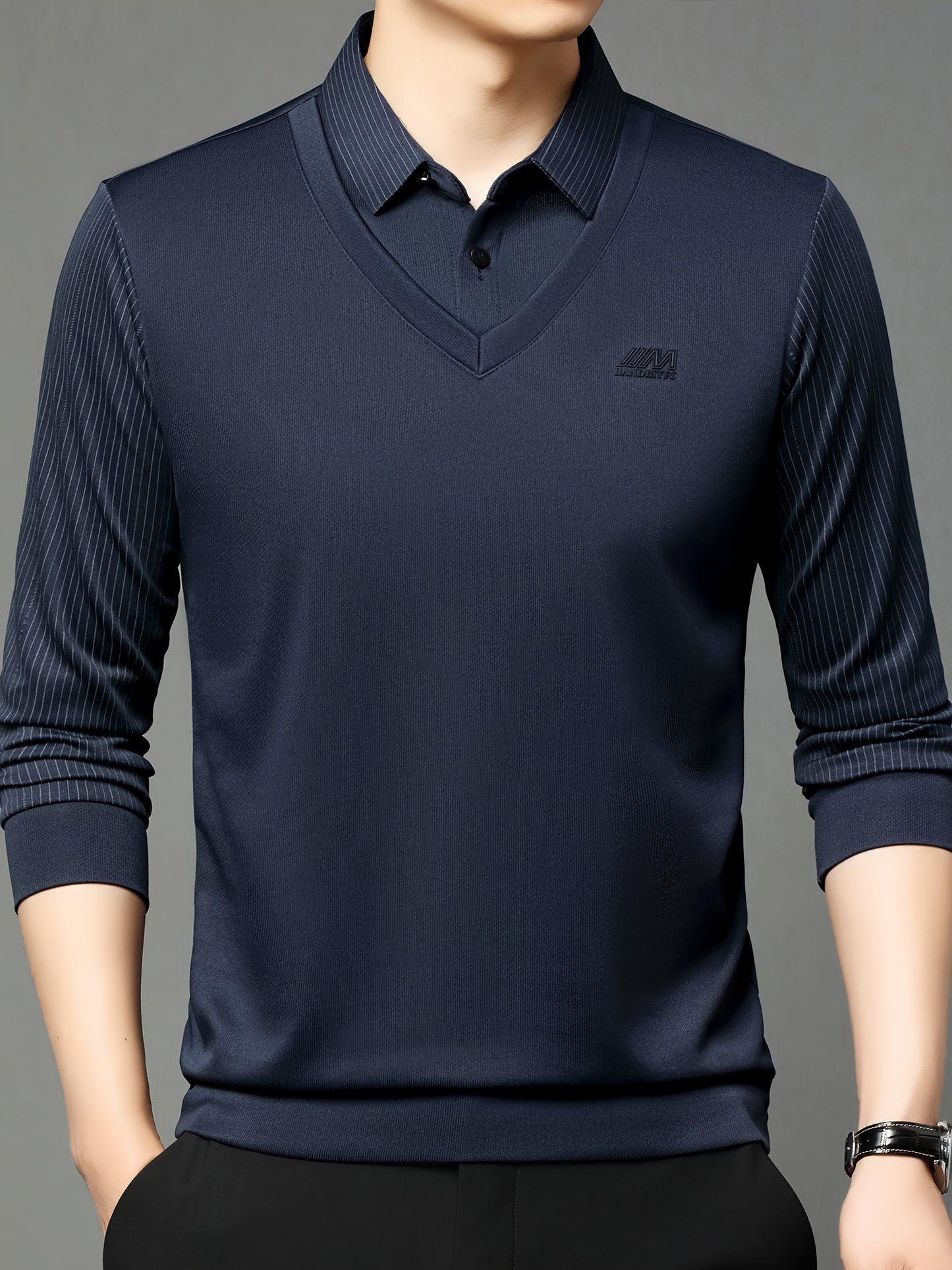 Striped Men's Golf Shirt with Fake Two-piece Design, Long-sleeve Lapel Shirt for Spring and Fall Outdoor Wear