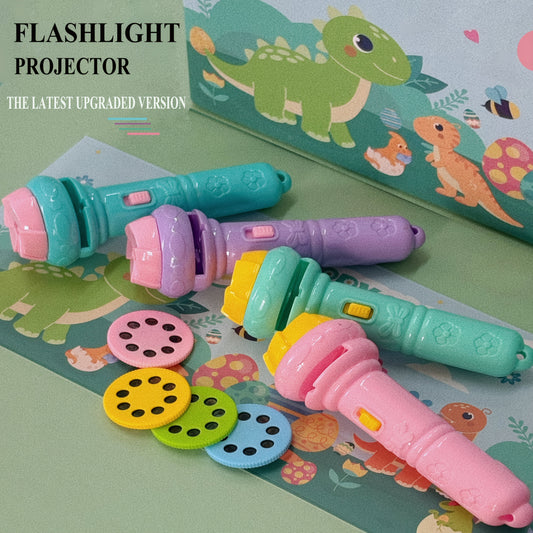 Projector flashlight with 32 designs, including dinosaurs, animals, and fruits - an educational toy in pink, purple, green, and blue.