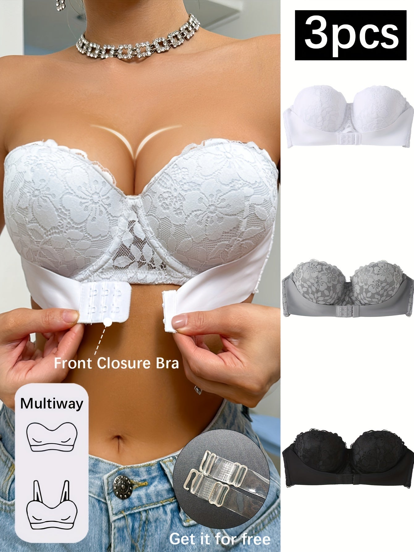 3 Elegant Lace Strapless Bras for Women in White, Gray, and Black - Front Closure, Push-Up Balconette Style with Non-Removable Pads, Breathable & Comfortable.