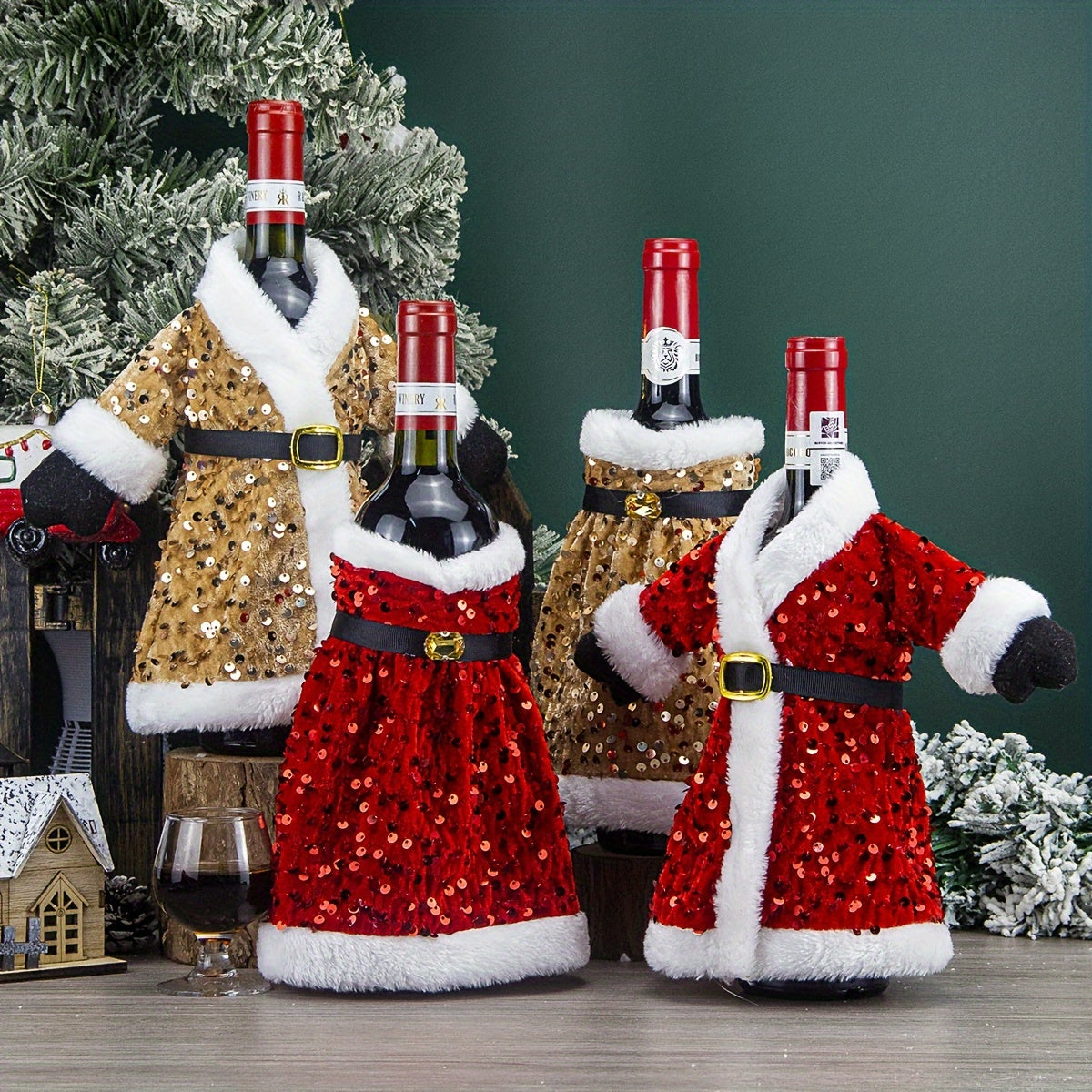 Set of 2 Festive Christmas wine bottle covers with sequined attire, plush hats, and leak-proof sweater. Perfect for wine lovers, home decor, and family gatherings.