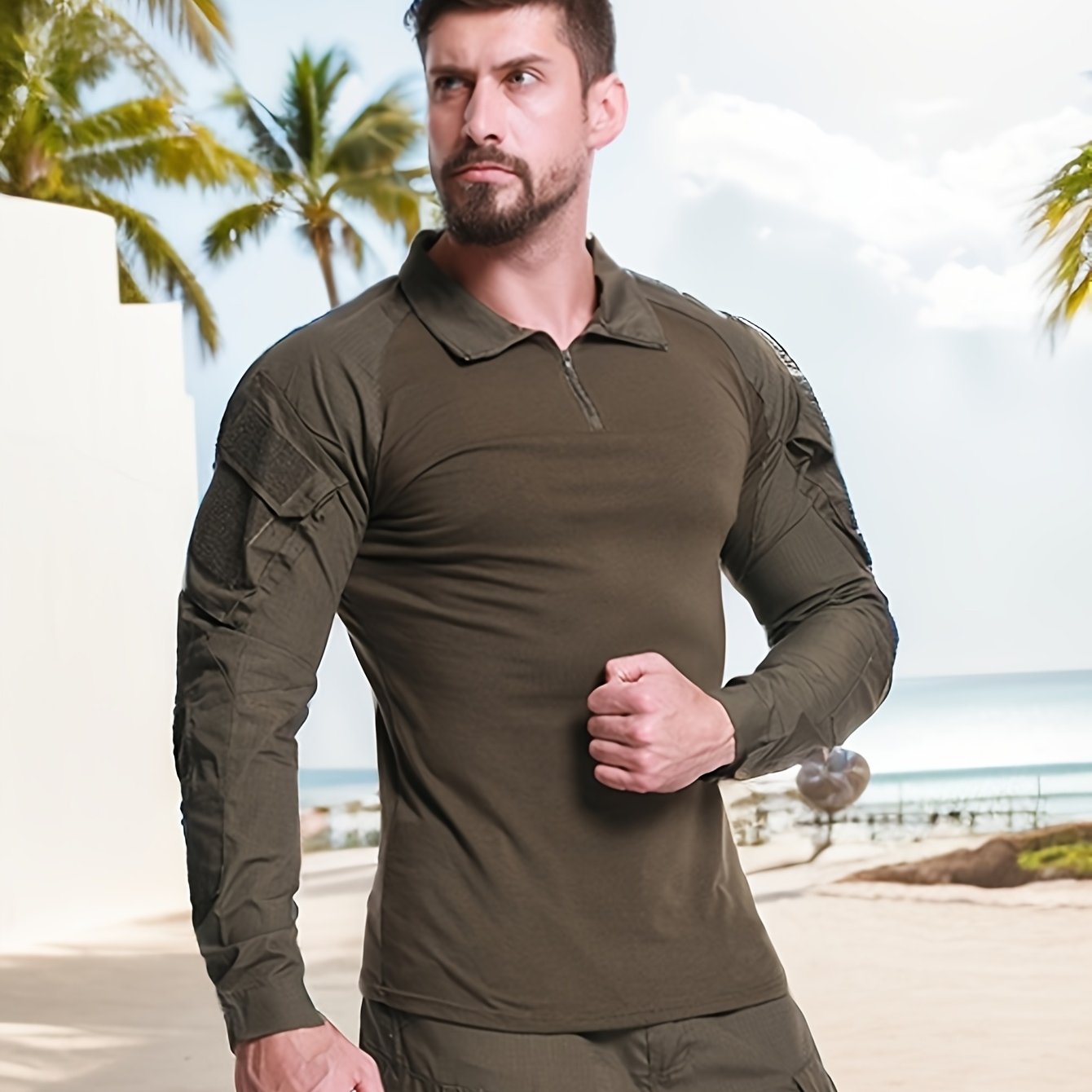 ESDY Men's Camouflage Long Sleeve T-Shirt, Polyester 80%, Cotton 20%, Stand Collar, Pocket Detail, Regular Fit for Various Outdoor Activities - Spring/Fall Gear