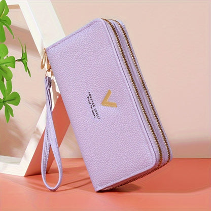 Stylish women's wallet with dual zipper closure, multiple slots, and large capacity.