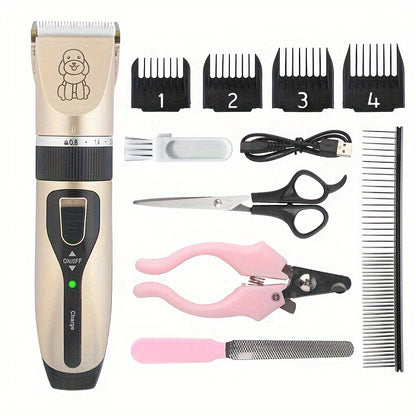 Low noise rechargeable pet trimmer for dogs with limit comb.