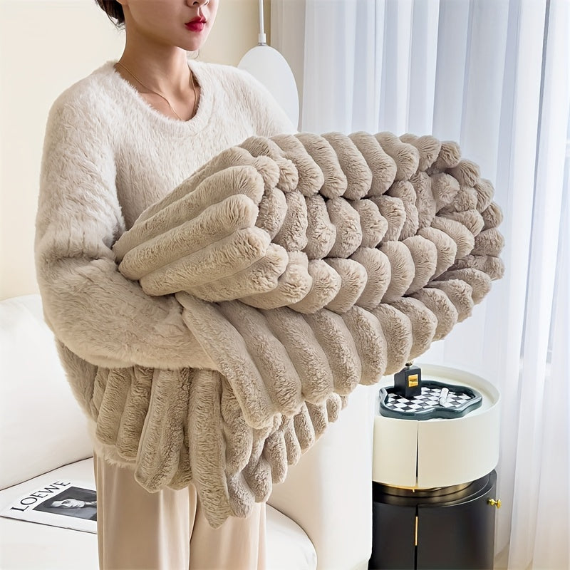 Machine washable, this luxurious double-sided throw blanket is made of faux rabbit fur that is warm, soft, and cozy. Perfect for naps, office use, outdoor camping, or on the sofa. The soft striped design adds a touch of elegance, making it a perfect gift