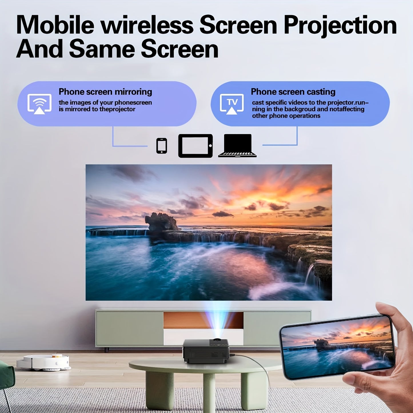 4k wifi projector, 12000 lumens portable native 1080P mini projector for phone 5G, suitable for outdoor short throw movie projection in home cinema and family meeting room.