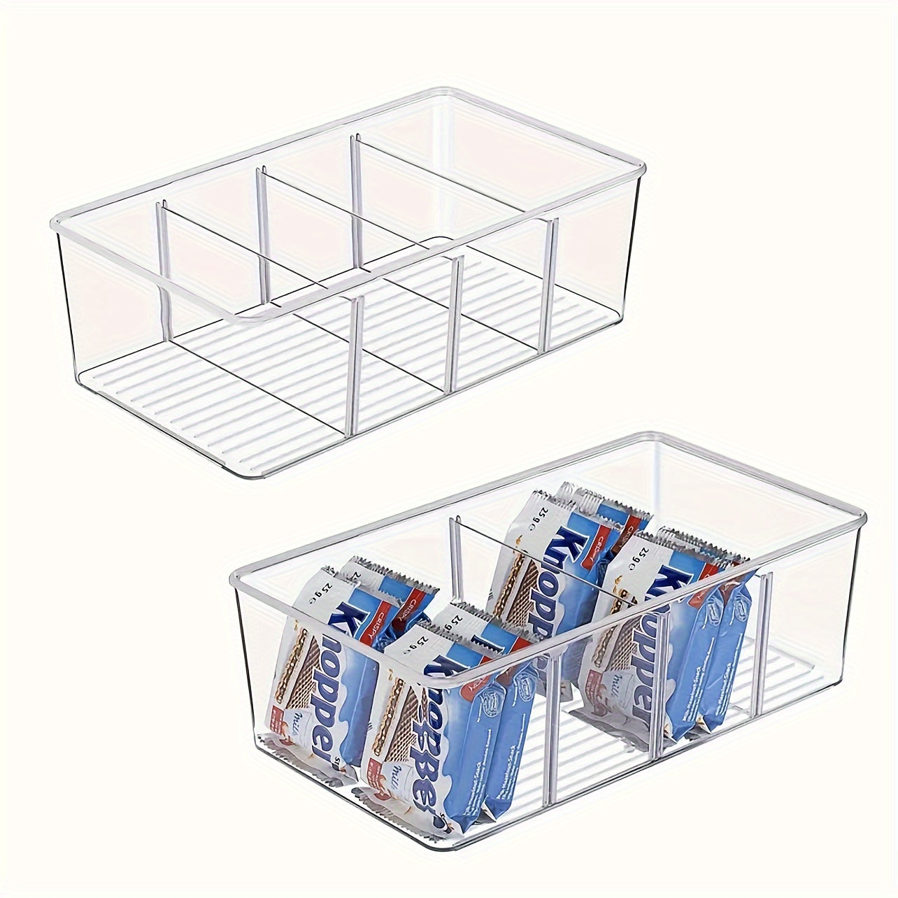 Transparent refrigerator organizer bins available in sets of 2, 4, or 6, featuring removable dividers. Ideal for storing various items such as fruits, vegetables, meat, eggs, ginger, garlic, and more. Perfect for keeping your kitchen organized at home or