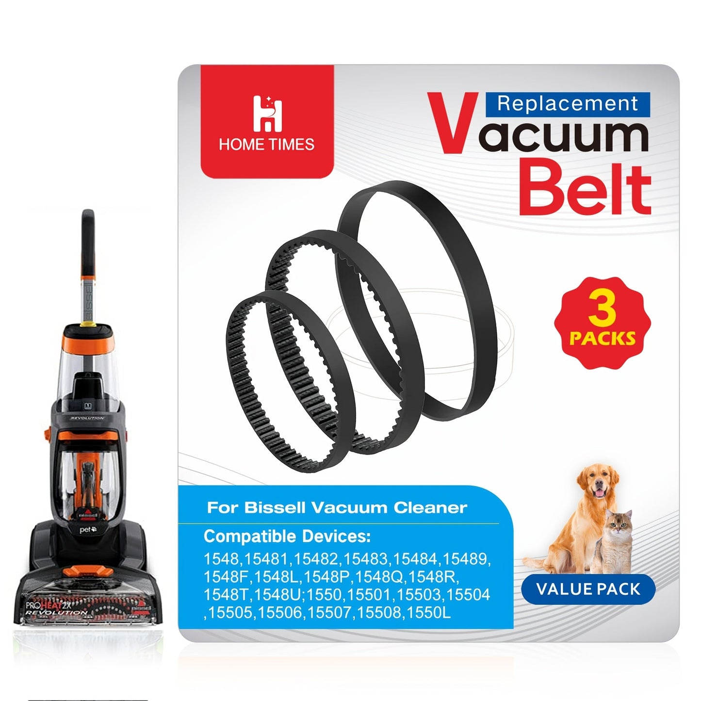 Get a set of 3 replacement belts for your Bissell Proheat 2X Revolution Pet Carpet Cleaners. These belts are compatible with models 1548, 1551, 1551W, and 1550 Series, and can replace parts 1606419, 1606418, and 1606428.