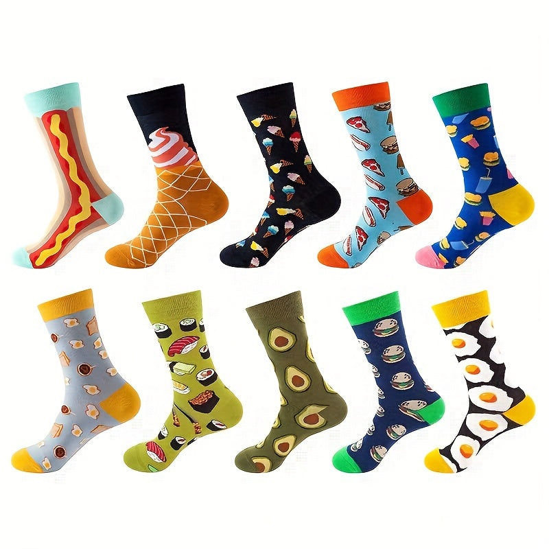 10 pairs of men's trendy cartoon anime pattern crew socks, breathable cotton blend, comfy casual unisex socks for all seasons.