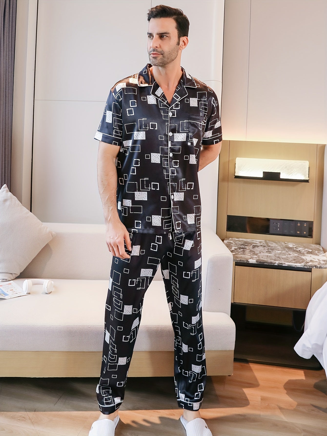 Men's summer sleepwear set with short sleeves, shorts, long pants, geometric print, and collared cardigan.