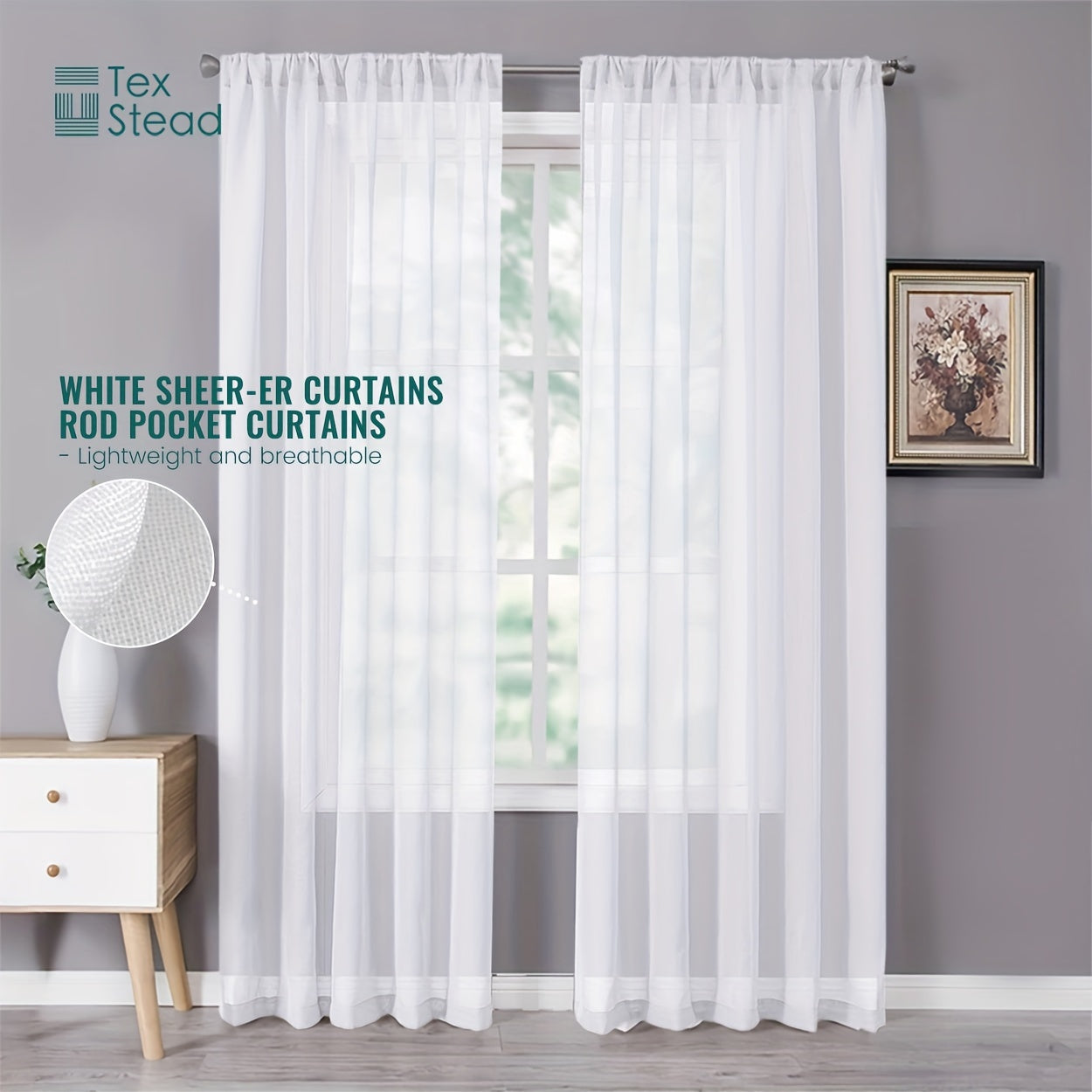 Set of 2 Linen Textured Semi-Sheer White Kitchen Curtains, Cafe Curtain Tiers with a Boho Farmhouse design. Perfect for Bedroom, Living Room, Home Decor, Basement Window or RV Camper.