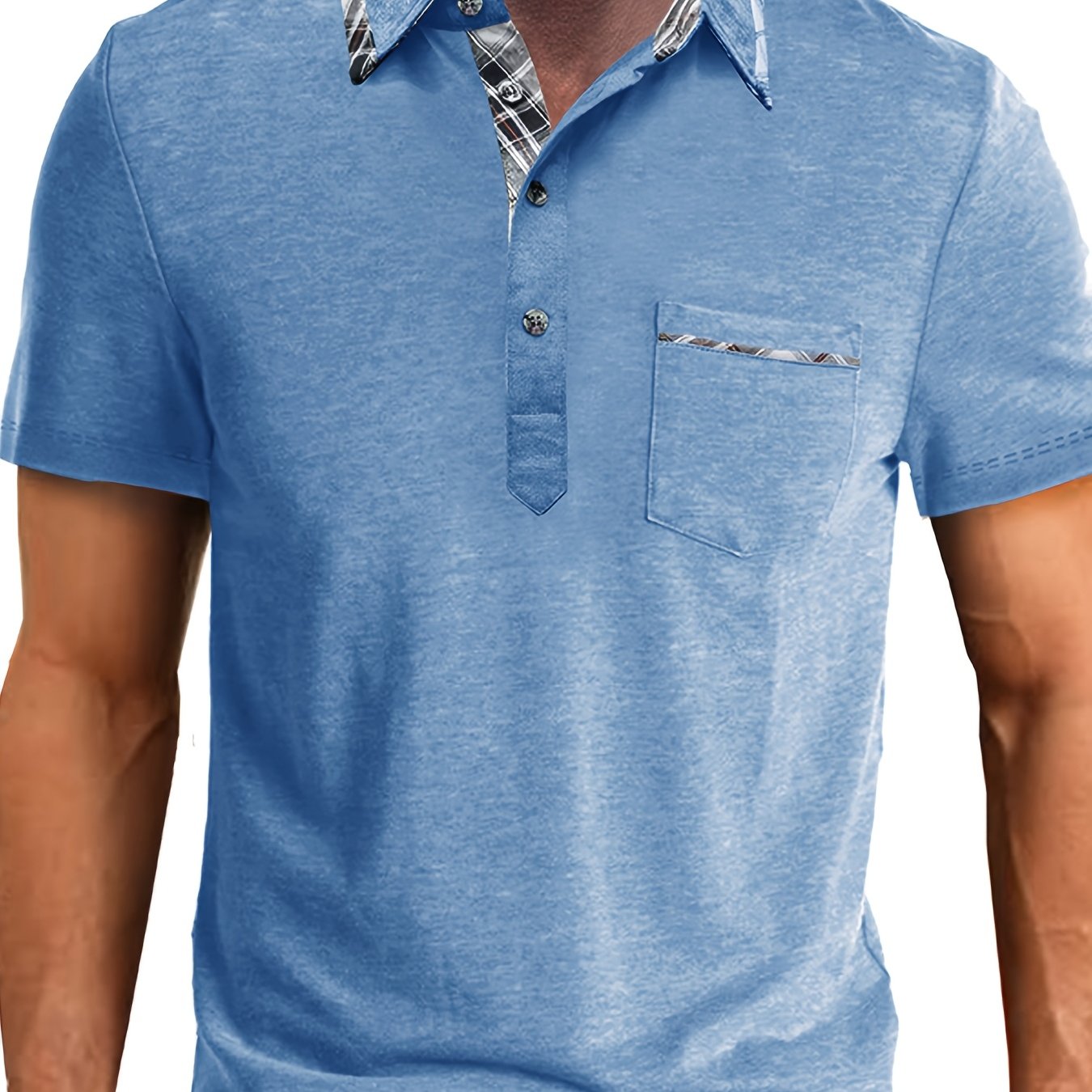 Men's plus size polo shirt with pocket, plaid lapel collar, knit fabric with slight stretch (77% polyester, 19% viscose, 4% elastane), ideal for summer at 180g/m² weight.