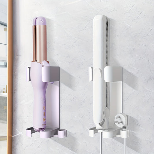 Plastic bathroom organizer rack with no metal pipes for storing curling iron, hair dryer, and electric toothbrush.