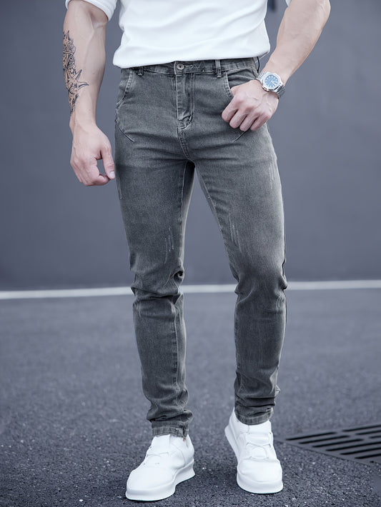 Men's slim-fit stretch denim jeans with casual straight leg and washed look, suitable for all seasons.