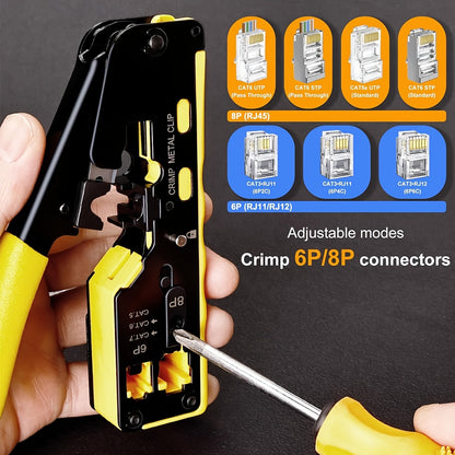 Yellow Ratcheting Modular Data Cable Crimper with Wire Stripper, Cutter, and Non-slip Grip for RJ11/RJ12 & RJ45 Connectors.