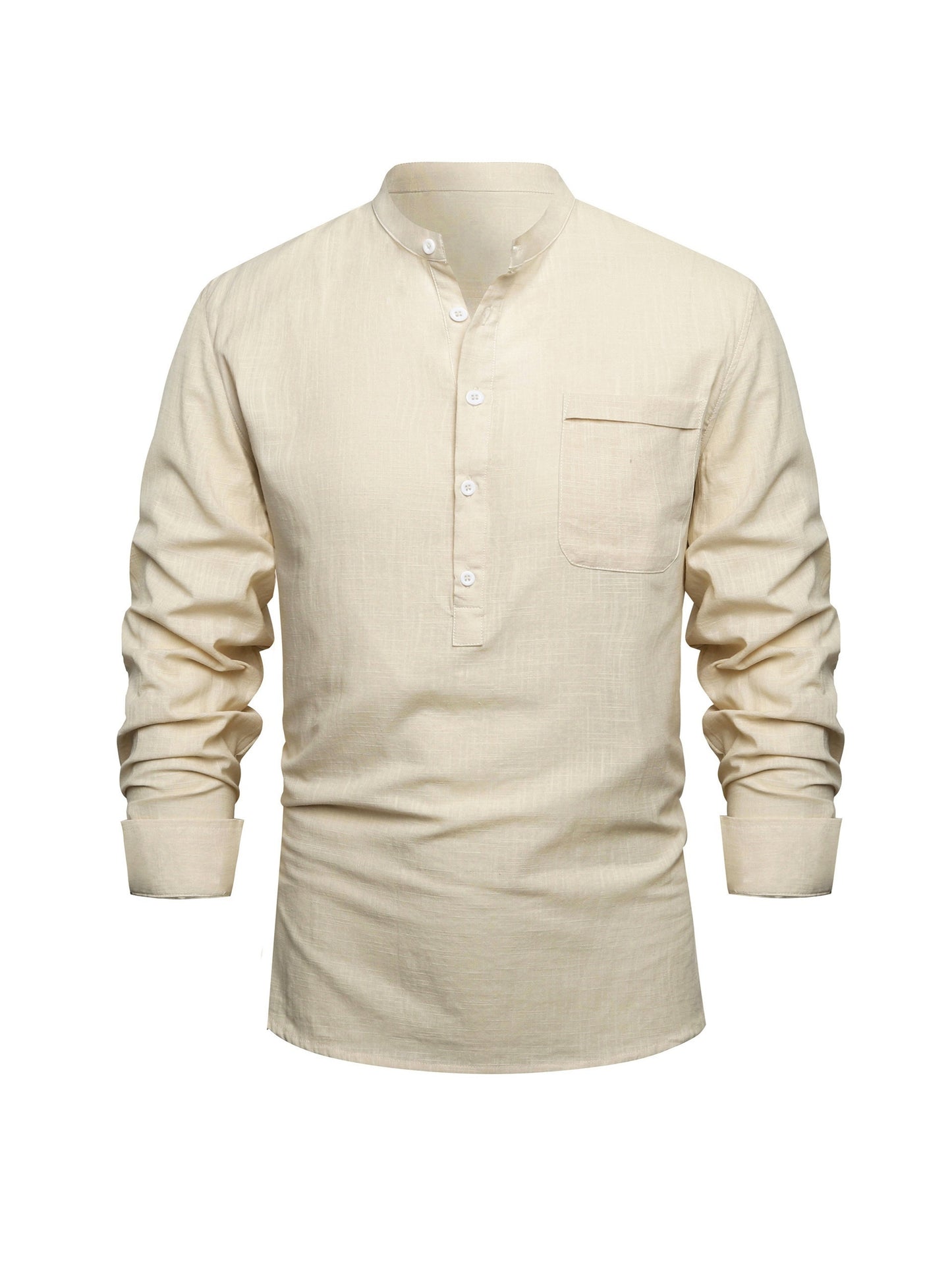 Resort-style plus size men's Henley shirt with long sleeves.