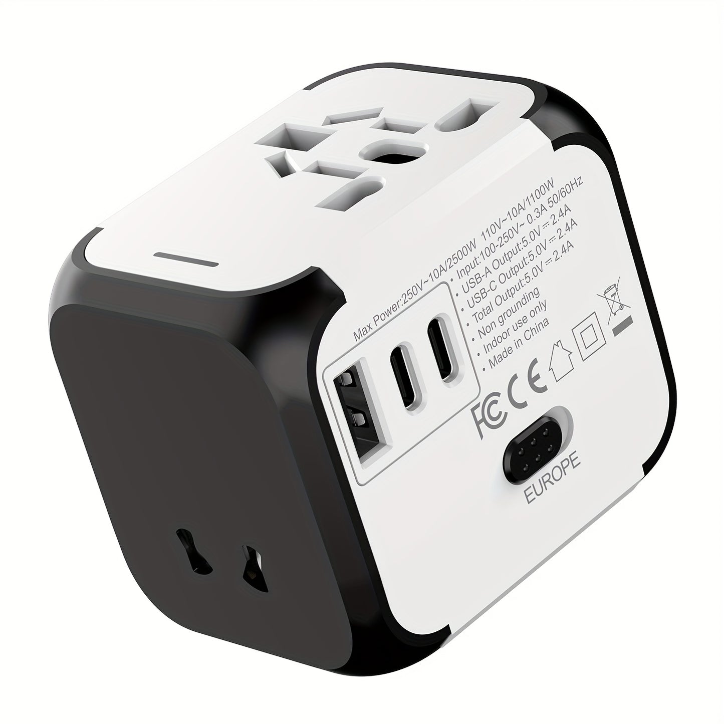 A 2500W Global Travel Charger with International Conversion Plug, perfect for business trips. Available in blue, orange, black, and white. Compatible with US, Australia, UK, and EU outlets.