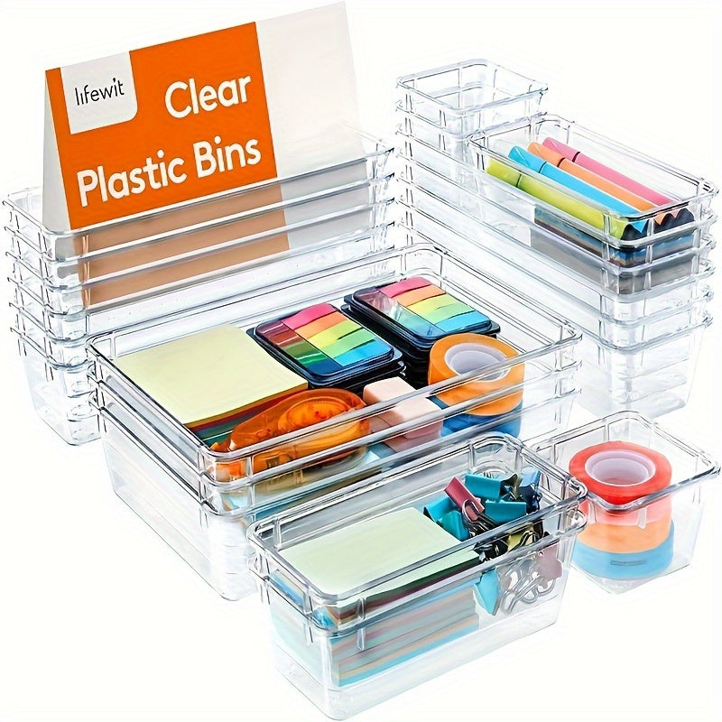 8-Pack Clear Plastic Desk Organizer Bins for Office and Home Organization