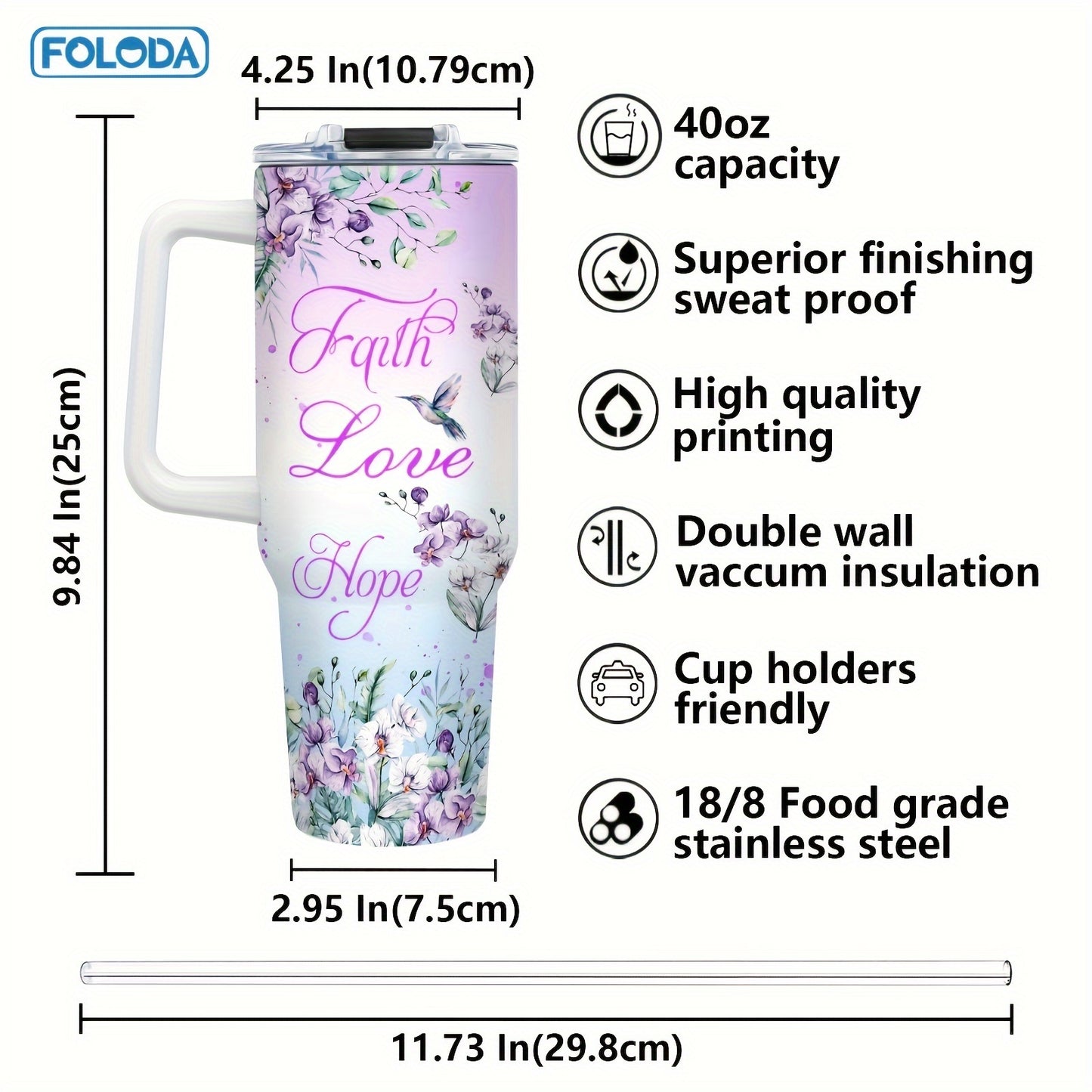 Foloda 1pc Hummingbird Large Capacity Tumbler: Vacuum-insulated travel coffee mug with handle and lid, ideal for holidays and special occasions - made of stainless steel, hand wash only.