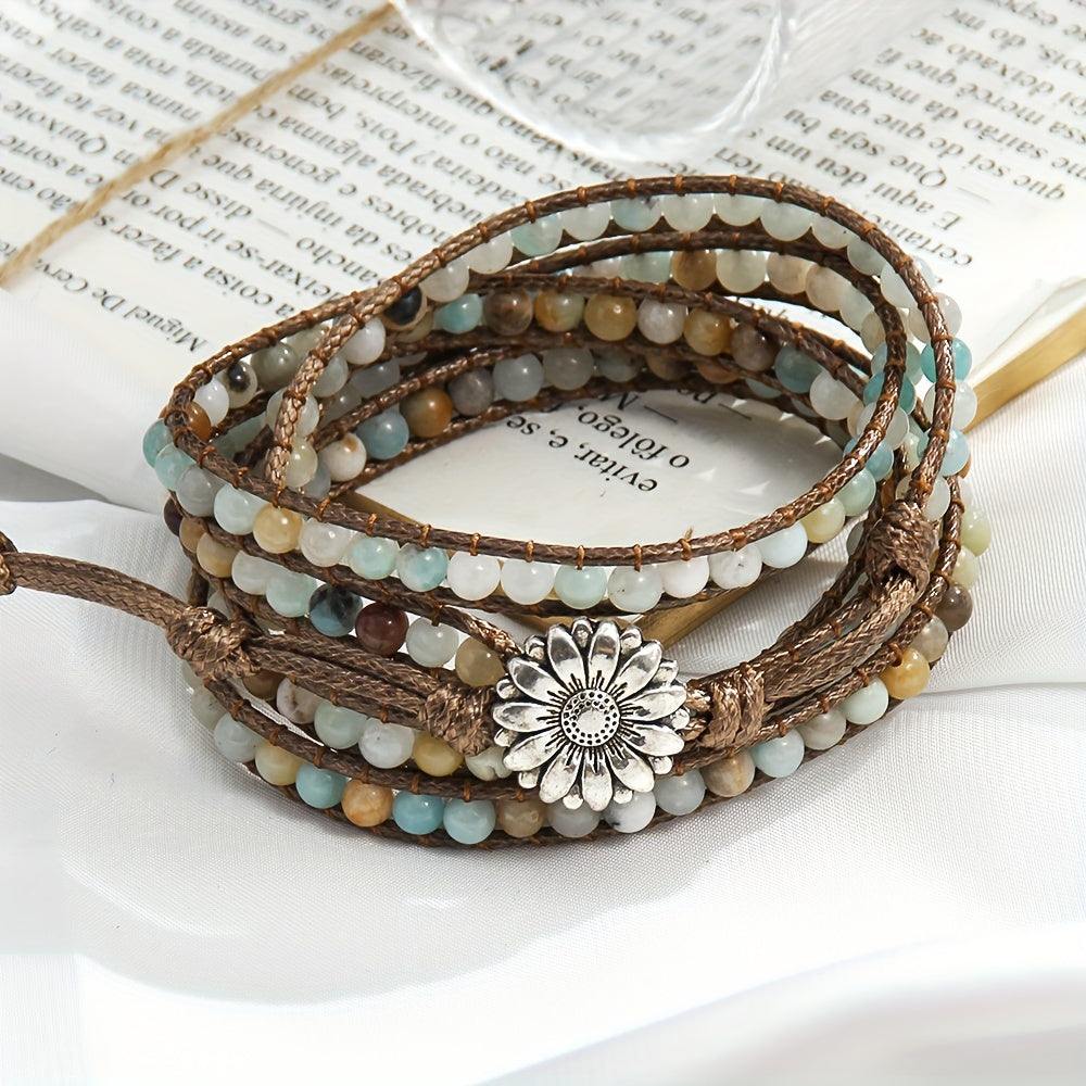 Women's Bracelet with a Bohemian Style, Waxed Cord Braid and Adjustable 5 Rows Wrap