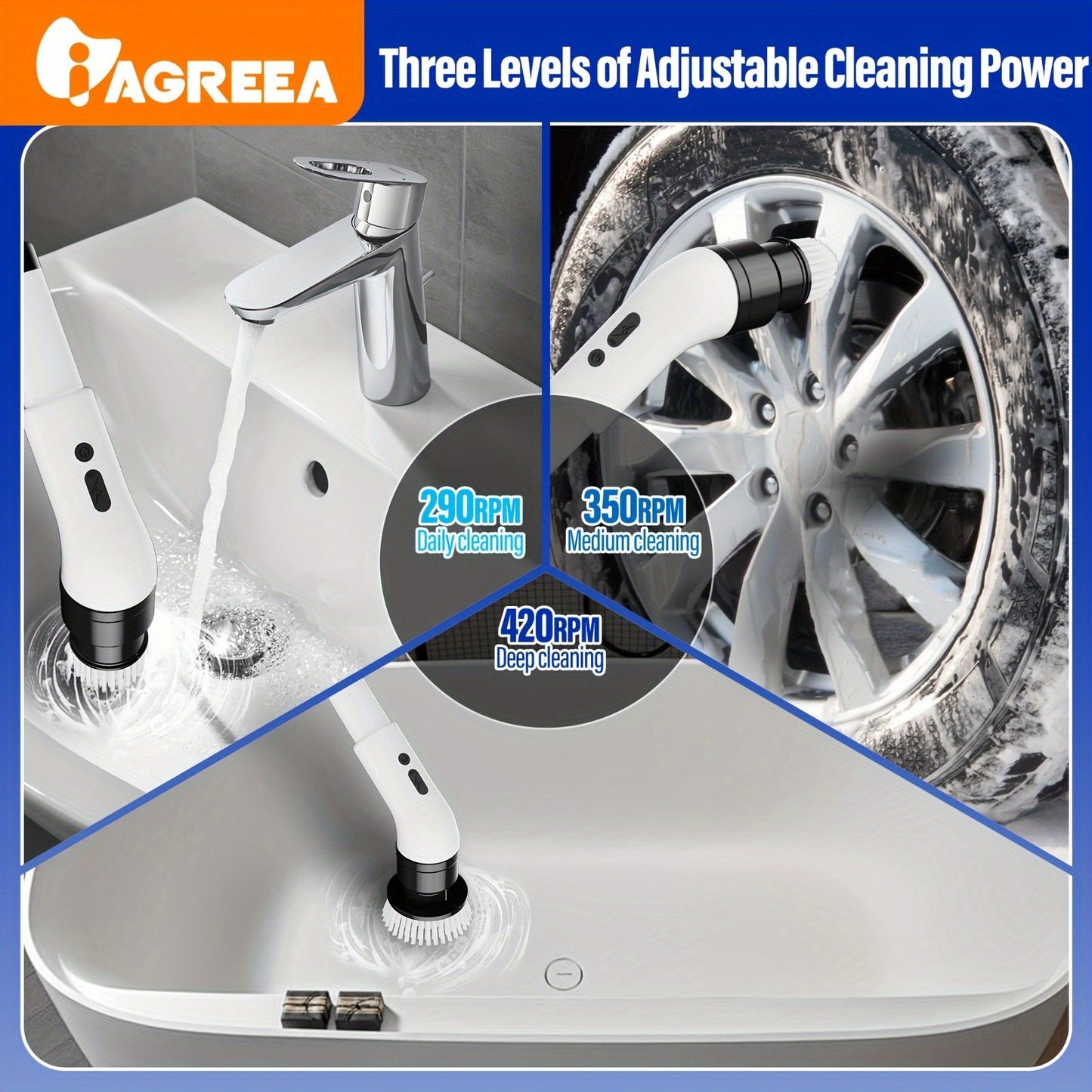 Introducing the IAGREEA Electric Rotating Washer, an innovative cleaning tool with 3 adjustable speeds. This cordless electric rotating brush comes with 9/6 interchangeable brush heads and an adjustable extended handle. Perfect for cleaning tiles