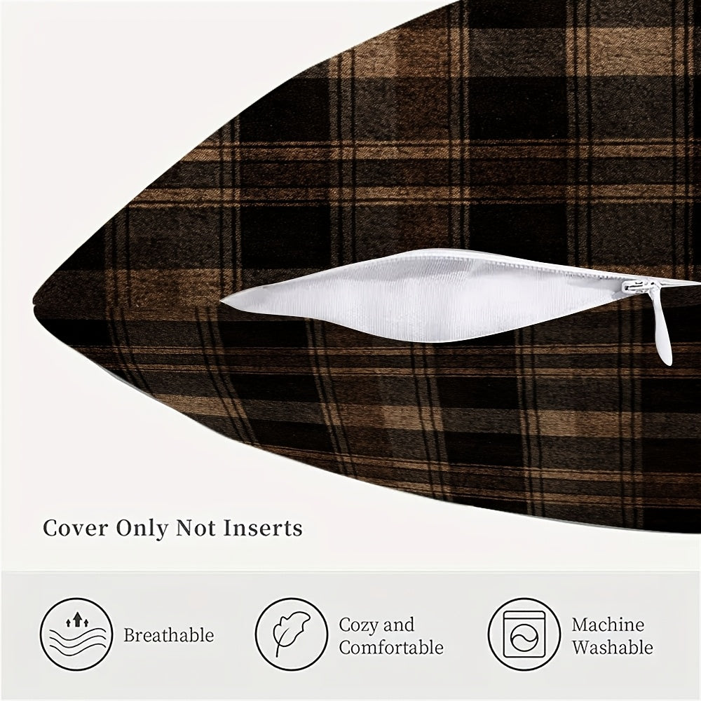 Stylish Dark Brown Plaid Pillow Cover featuring Two Designs - Convenient Hidden Zipper, Easy-to-Clean Polyester Fabric - Ideal for Adding Charm to Your Sofa, Office Chair, or Farmhouse Theme.