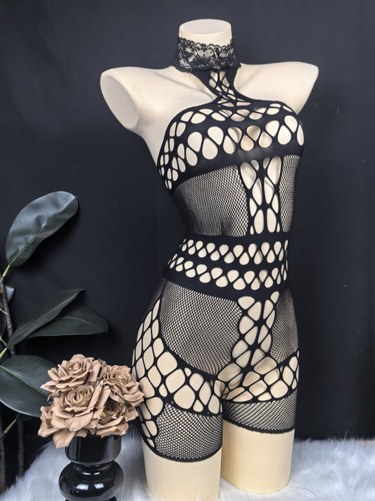 Sensual jacquard mesh bodysuit with low support, hollow-out design, and polyamide/spandex blend for women.