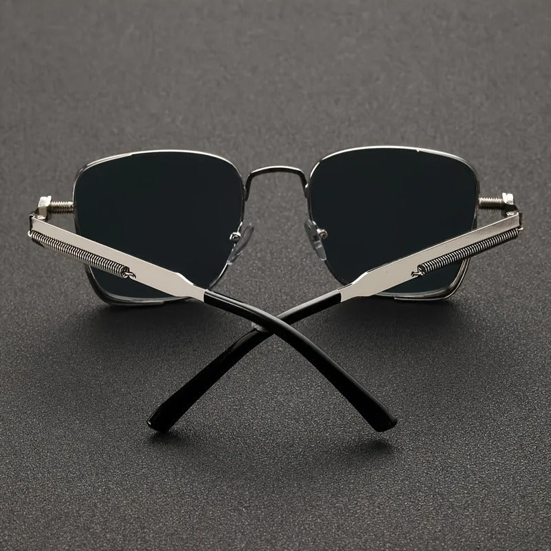 Retro square metal frame glasses with clear, durable lenses for adventurous activities and driving, also suitable for parties. Mechanical and fisherman eyewear.